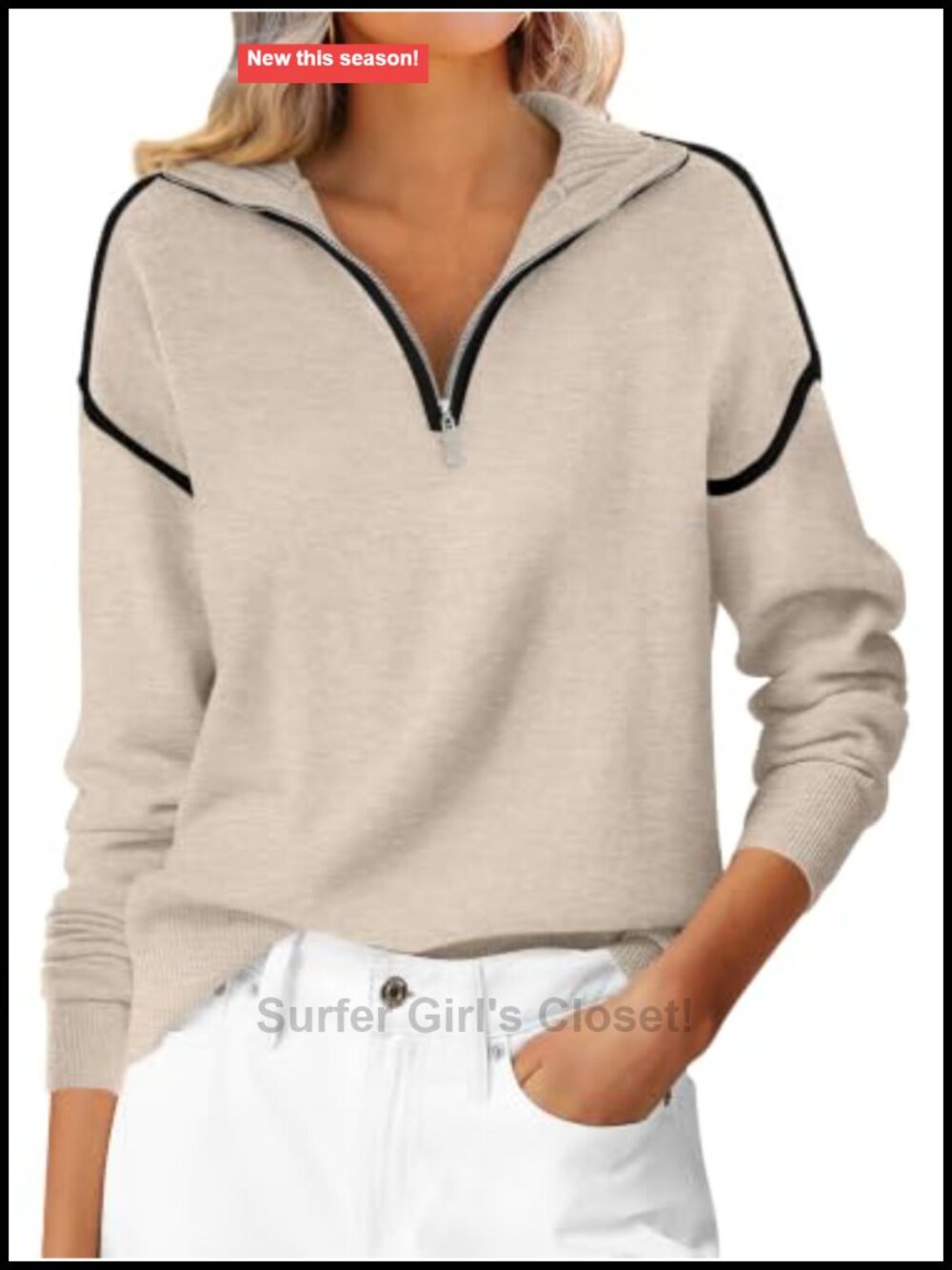 Womens Quarter Zip Sweater Loose Fit Knit V Neck Collared Pullover Fall Office
